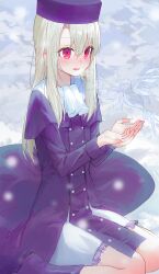 1girl absurdres bird blush breath coat commentary cupping_hands dress fate/stay_night fate_(series) grey_hair hat highres illyasviel_von_einzbern kaze_22 long_hair outdoors own_hands_together purple_coat red_eyes sitting smile snow snowing solo winter