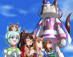 4girls :d animal_ears blue_eyes bow brown_hair choker domino_mask ear_bow ear_covers ear_scrunchie el_condor_pasa_(umamusume) flower gloom_(expression) golden_generation_(umamusume) grass_wonder_(umamusume) green_bow hair_between_eyes hair_flower hair_ornament hairclip highres holding_candy_apple horse_ears horse_girl king_halo_(umamusume) long_hair mascot mask mecha meso_(zgmf-xv) multiple_girls open_mouth parody ponytail precure purple_eyes robot seiun_sky_(umamusume) single_ear_cover smile smile_precure! special_week_(umamusume) sunflower sunflower_hair_ornament tsurumaru_tsuyoshi_(umamusume) umamusume