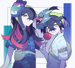 Rule 34 | 1boy, 1girl, adjusting hair, age difference, ahoge, arm at side, backpack, bag, black hair, breasts, brother and sister, candy apple, carmine (pokemon), clenched hand, clenched teeth, colored inner hair, crossed bangs, eyebrows hidden by hair, eyelashes, food, hair between eyes, hair ornament, hairband, half-closed eyes, happy, height difference, japanese clothes, jinbei (clothes), kieran (pokemon), long hair, looking at viewer, looking to the side, mask, mask on head, medium breasts, medium hair, mole, mole on neck, mole under eye, multicolored background, multicolored hair, neck, nintendo, official alternate costume, pokemon, pokemon sv, purple hair, red hair, sasa kado (redbluemoon74), short sleeves, siblings, sidelocks, smile, smug, standing, teeth, traditional clothes, tsundere, turning head, wide sleeves, yellow eyes, yellow hairband