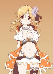 absurdres blonde_hair brown_background cropped_legs drill_hair highres long_hair magia_record:_mahou_shoujo_madoka_magica_gaiden magical_girl mahou_shoujo_madoka_magica navel swimsuit tomoe_mami tomoe_mami_(swimsuit_ver.) twin_drills yanmaami yellow_eyes