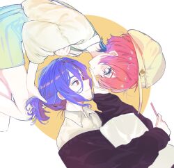 1boy 1girl amate_yuzuriha aqua_eyes blue_hair blush collared_shirt colored_inner_hair commentary face-to-face finger_to_another&#039;s_mouth gundam gundam_gquuuuuux hat highres lying multicolored_hair on_side ponytail pout purple_hair red_eyes red_hair rizencavia shirt short_hair shorts shuji_ito smile sweater two-tone_hair