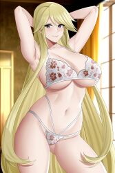 Rule 34 | 1girl, anna heartfilia, arms behind head, arms up, aslindsamure, blonde hair, blush, bra, breasts, brown eyes, cleavage, collarbone, curtains, fairy tail, floral print, lace, lace-trimmed bra, lace-trimmed panties, lace trim, large breasts, long hair, navel, panties, print bra, print panties, smile, underboob, underwear, white bra, white panties, window