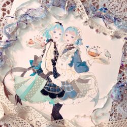 2boys :d apron back_bow black_apron black_thighhighs blue_bow blue_dress blue_eyes blue_ribbon blunt_bangs blunt_ends blush bow cake cake_slice character_request choker commentary_request crossdressing cup dessert dress ensemble_stars! feet_out_of_frame food frilled_apron frilled_choker frilled_headwear frills glass_teapot grey_bow grey_ribbon hair_ribbon hands_up highres holding holding_tray long_sleeves looking_at_viewer maid_headdress male_focus masking_tape_(medium) mixed_media multiple_boys oikoko_koko open_mouth parted_bangs photo_(medium) ribbon shino_hajime short_hair sidelocks smile teacup teaspoon thighhighs traditional_media trap tray unconventional_media white_apron white_background white_dress white_headdress white_ribbon white_thighhighs