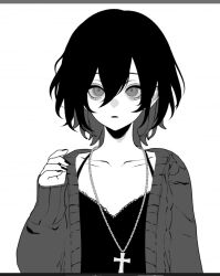 Rule 34 | 1girl, 23i2ko, aegyo sal, black hair, black nails, black tank top, cardigan, commentary, constricted pupils, cross, cross necklace, double-parted bangs, english commentary, greyscale, hair between eyes, hand up, jewelry, looking at viewer, medium hair, monochrome, necklace, open cardigan, open clothes, open mouth, original, ribbed sweater, simple background, solo, spaghetti strap, sweater, tank top, upper body, white background