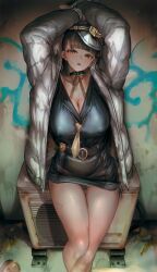 Rule 34 | 1girl, absurdres, against wall, belt, black belt, black choker, black hair, black shirt, black skirt, blunt bangs, blush, breasts, brown eyes, chain, choker, cleavage, collarbone, commentary request, cosplay, covered erect nipples, crossed legs, cuffs, dot nose, eyelashes, feet out of frame, gyaru, handcuffs, hands up, hat, highres, jacket, large breasts, long hair, looking at viewer, necktie, open clothes, open jacket, original, parted lips, police, police badge, police hat, police uniform, restrained, shirt, skirt, soleil (soleilmtfbwy03), solo, standing, sweat, teeth, thigh gap, thighs, upper teeth only, wet, white jacket, yellow necktie
