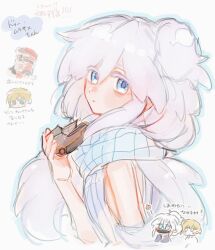 1girl 2boys bask_om blue_eyes colored_eyelashes commentary deux_murasame doodle_inset freckles gates_capa grey_scarf gundam gundam_gquuuuuux highres holding holding_mask long_hair looking_at_viewer mask michi_(michi1023_hase) multiple_boys ribbed_tank_top scarf simple_background sleeveless translation_request unworn_mask white_background white_hair