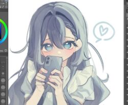 1girl alternate_costume antenna_hair apron art_program_in_frame blue_eyes blue_hair braid braided_bangs chi_kan100 closed_mouth collared_dress covering_own_mouth double-parted_bangs dress enmaided frilled_apron frills grey_dress hair_behind_ear hair_between_eyes hair_intakes heart holding holding_phone kimi_no_koto_ga_dai_dai_dai_dai_daisuki_na_100-nin_no_kanojo long_hair looking_at_viewer looking_up maid maid_apron phone portrait puffy_short_sleeves puffy_sleeves raised_eyebrows screencap short_sleeves side_ahoge sidelocks simple_background smile solo spoken_heart wavy_hair white_apron white_background yoshimoto_shizuka