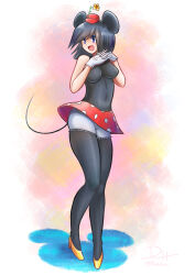 1girl animal_ears black_hair blue_eyes blueaizu3e disney gloves highres humanization looking_at_viewer mickey_mouse_&amp;_friends minnie_mouse open_mouth pantyhose polka_dot polka_dot_skirt shirt short_hair skirt smile solo tail thighhighs white_gloves