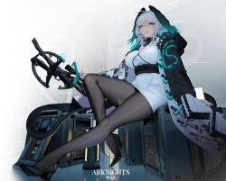 1girl absurdres aqua_eyes arknights between_breasts black_pantyhose breasts closed_mouth coat copyright_name dress feathered_wings fingerless_gloves full_body gloves grey_hair hair_between_eyes head_wings highres ho&#039;olheyak_(arknights) holding holding_staff large_breasts long_sleeves medium_hair ohkurrva open_clothes open_coat pantyhose pencil_dress sitting snake_tail solo staff strap_between_breasts tail white_dress white_gloves wings