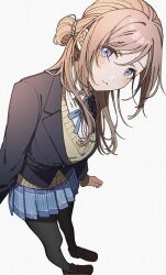 1girl black_pantyhose blazer blue_eyes blue_jacket blue_ribbon blue_skirt brown_hair brown_shoes commentary_request gakuen_idolmaster hatsuboshi_gakuen_school_uniform head_tilt himesaki_rinami idolmaster iwawa jacket loafers long_hair long_sleeves looking_at_viewer neck_ribbon pantyhose pleated_skirt ribbon school_uniform shirt shoes simple_background skirt solo sweater white_background white_shirt yellow_sweater