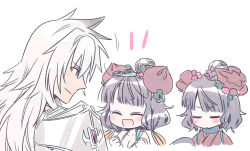 1boy 2girls absurdres bikini black_hair clenched_hands closed_eyes closed_mouth commentary dual_persona fate/grand_order fate_(series) flower hair_bun hair_flower hair_ornament highres katsushika_hokusai_(fate) katsushika_hokusai_(swimsuit_saber)_(fate) long_hair looking_at_another multiple_girls open_mouth rakuji_tarahi short_hair siegfried_(fate) simple_background single_hair_bun smile swimsuit unamused white_background white_bikini white_hair