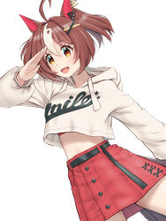 Rule 34 | 1girl, ahoge, animal ears, belt, blush, breasts, brown eyes, brown hair, casual, cropped hoodie, ear piercing, gran alegria (umamusume), hair ornament, highres, hood, hoodie, horse ears, horse girl, horse tail, long belt, looking at viewer, medium breasts, medium hair, midriff, multicolored hair, open mouth, piercing, red skirt, salute, simple background, skirt, solo, streaked hair, tail, teeth, umamusume, upper teeth only, white background, x hair ornament, yamano boriko