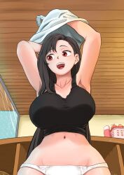 1girl armpits arms_up bathhouse black_hair breasts brown_eyes crop_top final_fantasy final_fantasy_vii final_fantasy_vii_remake highres large_breasts looking_to_the_side navel open_mouth panties solo stomach teeth tifa_lockhart underwear undressing upper_teeth_only white_panties wolkat