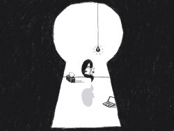 book computer holding holding_book keyhole laptop light_bulb no_humans omori reading something_(omori) sun_iiinu tissue tissue_box