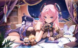 Rule 34 | 1girl, absurdres, aether (genshin impact), aida noa, bare shoulders, black gloves, black leotard, blue eyes, blunt tresses, blush, book, breasts, center opening, character doll, citlali (genshin impact), citlalin (genshin impact), commentary request, doll, facial mark, floating headgear, forehead mark, genshin impact, gloves, gradient hair, headgear, highres, indoors, itzpapa (genshin impact), leotard, long hair, looking at viewer, medium breasts, multicolored hair, night, night sky, on bed, paimon (genshin impact), parted bangs, pillow, pink hair, pink pupils, pout, purple hair, purple sarong, revision, ribbed leotard, sarong, sky, solo, triangle, triangle facial mark, v-shaped eyebrows