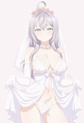 Rule 34 | 1girl, absurdres, ahoge, alisa mikhailovna kujou, audirenze, bare shoulders, blue eyes, blush, breasts, bridal lingerie, choker, cleavage, collarbone, dress, elbow gloves, gloves, gluteal fold, grey hair, highres, large breasts, lingerie, long hair, looking at viewer, navel, panties, smile, solo, standing, stomach, tokidoki bosotto roshia-go de dereru tonari no alya-san, underwear, very long hair, white dress, white gloves, white panties