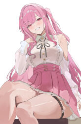 1girl absurdres blunt_bangs blush breasts buttons clothing_cutout collared_shirt corset fingernails flower from_below hair_flower hair_ornament hand_up high-waist_skirt highres hololive hololive_english large_breasts lips long_hair long_sleeves looking_at_viewer miko_4013 mori_calliope mori_calliope_(kawaiiope) official_alternate_costume official_alternate_hairstyle one_side_up pink_hair pink_nails pink_skirt pleated_skirt puffy_long_sleeves puffy_sleeves red_eyes shirt shirt_tucked_in shoulder_cutout sitting skirt smile solo string_bowtie teeth thick_thighs thigh_strap thighs underbust virtual_youtuber white_background white_shirt
