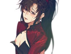Rule 34 | 1boy, alternate costume, black dress, black hair, blurry, blush, brown hair, china dress, chinese clothes, cleavage cutout, clothing cutout, crossdressing, depth of field, dress, grey eyes, hair between eyes, high ponytail, jujeop, korean commentary, long hair, looking at viewer, male focus, modao zushi, nipple slip, nipples, open mouth, parted lips, pectorals, ponytail, red shrug, revealing clothes, sidelocks, simple background, smile, solo, sweat, trap, upper body, wei wuxian, white background