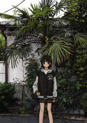 Rule 34 | 1girl, arm at side, black hair, brown shorts, building, commentary request, day, feet out of frame, foliage, grey eyes, gutter, highres, house, jacket, letterman jacket, long sleeves, looking at viewer, original, outdoors, power lines, road, scenery, short hair, shorts, solo, standing, tree, uniunimikan, white sleeves, wide shot