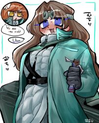 2girls aqua_coat black_gloves breasts brown_hair candy chocolate chocolate_bar coat devyat&#039;_association_north_uniform food gloves goggles goggles_on_head highres ishmael_(project_moon) jacket_under_coat large_breasts limbus_company long_hair long_sleeves looking_at_viewer multiple_girls open_mouth orange_hair overcoat project_moon purple_eyes rodion_(project_moon) simple_background solo_focus standing suisei0708 upper_body white_background yellow_eyes