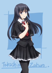 1girl black_capelet black_hair blue_eyes capelet character_name highres long_hair looking_at_viewer necktie pantyhose red_necktie rikarika school_uniform skirt smile solo takashima_zakuro tsui_no_sora tsui_no_sora_(remake)