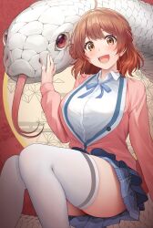 1girl animal ass blush breasts brown_hair chinese_zodiac colored_skin large_breasts love_live! oku_1225 open_mouth orange_eyes petting_animal red_background red_eyes school_uniform sitting skirt smile snake sweater teeth thighhighs tongue tongue_out uehara_ayumu upper_teeth_only white_skin