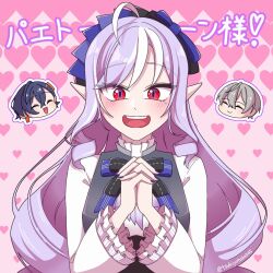 Rule 34 | 1boy, 2girls, ^ ^, belle (zenless zone zero), blush, bow, closed eyes, commentary request, crossed bangs, dress, frills, highres, long hair, looking at viewer, mole, mole under eye, multiple girls, nail polish, open mouth, own hands together, pointy ears, purple hair, red eyes, short hair, smile, solo focus, tsukiyotake545, twitter username, very long hair, vivian banshee, white hair, wise (zenless zone zero), zenless zone zero