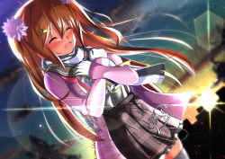 Rule 34 | 1girl, absurdres, birthday, blush, brown hair, cityscape, closed eyes, cloud, coat, cowboy shot, dutch angle, flower, fortissimo, gift, gloves, hair between eyes, hair flower, hair ornament, happy, highres, holding, holding gift, kuraudo, lens flare, long hair, long sleeves, musical note, musical note hair ornament, neckerchief, open mouth, original, outdoors, pink coat, plaid clothes, plaid skirt, purple flower, red neckerchief, scarf, school uniform, serafuku, shirt, skirt, sky, smile, solo, standing, striped clothes, striped scarf, suspender skirt, suspenders, teeth, thighhighs, upper teeth only, white gloves, white shirt, white thighhighs, winter clothes, yellow sky, zettai ryouiki