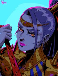 1girl artist_name blue_background blue_skin closed_mouth colored_skin earrings hades_(series) highres jewelry koyorin looking_at_viewer megaera_(hades) pink_lips solo