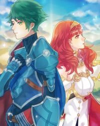 1boy 1girl alm_(fire_emblem) armor back-to-back blue_armor breastplate cape celica_(fire_emblem) choker couple dress earrings faithoala fire_emblem fire_emblem_echoes:_shadows_of_valentia green_eyes green_hair hetero jewelry long_hair nintendo prince princess red_eyes red_hair shield short_hair tiara white_armor white_dress