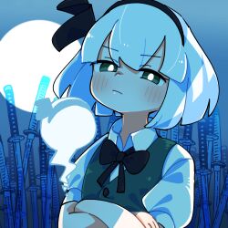 1girl anime_coloring black_bow black_bowtie black_hairband blue_background blush bow bowtie bright_pupils closed_mouth crossed_arms gram_9 green_eyes hairband highres katana konpaku_youmu looking_at_viewer shirt short_hair short_sleeves solo sword touhou upper_body weapon white_pupils white_shirt