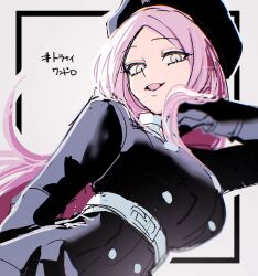 1girl beret from_below grey_eyes hat highres kamiki_yui_(tribe_nine) katama_(k85620232) long_hair long_sleeves looking_at_viewer military_uniform pink_hair portrait solo tribe_nine