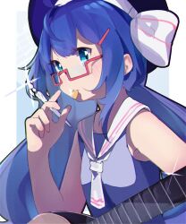 1girl ahoge aqua_eyes ascot black_outline blue_dress blue_hair blue_hat border diffraction_spikes dress glass_pen glasses glint grey_background guitar hair_between_eyes hair_ornament hairclip hat hat_ribbon highres holding holding_guitar holding_instrument holding_pen instrument large_hat long_hair looking_to_the_side low_twintails mo_kiduti mouth_hold otomachi_una otomachi_una_(talkex) outline outside_border pen plectrum red-framed_eyewear ribbon sailor_collar semi-rimless_eyewear sidelocks sleeveless sleeveless_dress solo talkex twintails under-rim_eyewear upper_body very_long_hair voiceroid white_ascot white_border white_ribbon white_sailor_collar