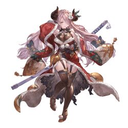 1girl alpha_transparency bare_shoulders black_bow black_gloves black_thighhighs blue_eyes blush boots bow braid breasts brown_boots detached_sleeves draph full_body fur_trim gloves granblue_fantasy hair_bow hair_ornament hair_over_one_eye high_heel_boots high_heels horns japanese_clothes kimono large_breasts long_hair looking_at_viewer narmaya_(granblue_fantasy) narmaya_(holiday)_(granblue_fantasy) obi official_alternate_costume official_art pointy_ears pom_pom_(clothes) red_kimono sash smile solo thigh_boots thighhighs transparent_background very_long_hair