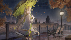 Rule 34 | 1girl, absurdres, arknights, autumn, autumn leaves, backlighting, bench, blonde hair, blunt bangs, brown choker, chinese commentary, choker, city, closed mouth, coat, commentary request, elf, eyelashes, falling leaves, feet out of frame, floating hair, from behind, green umbrella, hands up, highres, holding, holding umbrella, hui mou, lab coat, lantern, laurels, leaf, long hair, long sleeves, looking to the side, muelsyse (arknights), night, open clothes, open coat, outdoors, park, park bench, pointy ears, rain, river, scenery, smile, solo, split mouth, standing, straight hair, tsurime, umbrella, under umbrella, very long hair, white coat, wide sleeves, yellow eyes