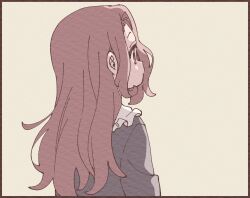 1girl black_border border brown_eyes brown_hair closed_mouth collared_shirt forehead frilled_shirt_collar frills from_behind grey_background grey_shirt hair_intakes highres long_hair long_sleeves looking_ahead namori original paper_texture shirt simple_background solo