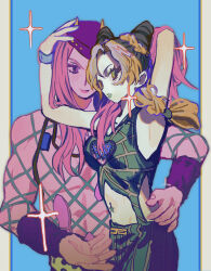Rule 34 | 1boy, 1girl, black hair, blonde hair, braid, bun with braided base, cone hair bun, double bun, fishnet top, fishnets, green eyes, green lips, hair bun, hand on another&#039;s head, hand on another&#039;s waist, hat, hetero, highres, horned hat, jojo no kimyou na bouken, kuujou jolyne, lipstick, long hair, looking at another, makeup, midriff, multicolored hair, muscular, muscular male, narciso anasui, pink eyes, pink hair, sparkle, spider web print, stone ocean, tami tome mo, two-tone hair