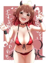 1girl absurdres ahoge bare_shoulders bikini black_choker black_horns blush breasts brown_eyes brown_hair choker cleavage demon_horns fake_horns fangs gakuen_idolmaster gradient_hair hanami_ume haruki_(haruki678) highres horns idolmaster large_breasts looking_at_viewer multicolored_hair navel open_mouth red_bikini ribbon smile solo stomach swimsuit wrist_cuffs