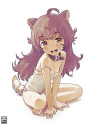 1girl ahoge animal_ears belt_collar blush borrowed_character breasts brown_hair camisole collar feet highres kwms loli looking_at_viewer macci_(possummachine) missing_tooth on_floor original single_off_shoulder sitting small_breasts solo tail toes