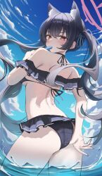 1girl absurdres adjusting_clothes adjusting_swimsuit animal_ear_fluff animal_ears armpit_crease ass back bare_shoulders bikini black_bikini black_hair blue_archive blue_sky blush breasts cat_ears cloud cloudy_sky day eating extra_ears floating_hair food frilled_bikini frills from_behind hair_between_eyes halo halterneck highres holding holding_food holding_popsicle hwa_sawa long_hair looking_at_viewer looking_back median_furrow off-shoulder_bikini off_shoulder official_alternate_costume pink_halo popsicle red_eyes serika_(blue_archive) serika_(swimsuit)_(blue_archive) sidelocks sky small_breasts solo standing swimsuit thighs twintails v-shaped_eyebrows water
