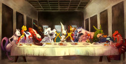 arceus bad_id bad_pixiv_id darkrai dialga fine_art_parody food gen_1_pokemon gen_2_pokemon gen_3_pokemon gen_4_pokemon gen_5_pokemon giratina giratina_(origin) groudon highres ho-oh kabocha_torute kyogre legendary_pokemon long_table lugia mewtwo mythical_pokemon nintendo no_humans palkia parody pokemon pokemon_(creature) pokemon_dppt pokemon_gsc pokemon_rgby pokemon_rse rayquaza reshiram table the_last_supper zekrom