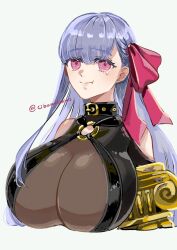 1girl blue_hair breasts cibamatoxins cleavage clothing_cutout commentary_request fate/grand_order fate_(series) hair_ribbon highres huge_breasts long_hair o-ring passionlip_(fate) pink_eyes pout ribbon see-through_cleavage see-through_clothes shoulder_cutout solo tearing_up twitter_username upper_body