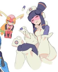 Rule 34 | 2girls, black bodysuit, black hair, black helmet, blonde hair, bodysuit, clenched hands, first aid kit, glasses, gloves, green eyes, hat, heart, helmet, highres, holding, holding pill, leotard, looking at viewer, mayutsuba mono, meddy.exe (mega man), mega man (series), mega man battle network (series), multiple girls, netnavi, nurse, nurse cap, open mouth, pill, pink-tinted eyewear, pink gloves, pink helmet, pink leotard, red-tinted eyewear, roll.exe (mega man), sidelocks, sitting, smile, solo, tinted eyewear, white gloves