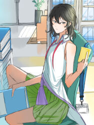 Rule 34 | 1other, androgynous, armchair, bare arms, bare legs, bare shoulders, black hair, book, book stack, bookshelf, carpet, chair, closed mouth, coattails, collared shirt, commentary request, desk, door, enraku tsubakura, expressionless, feet out of frame, green hakama, grey eyes, hair between eyes, hakama, hakama short skirt, hakama skirt, highres, holding, holding book, indoors, japanese clothes, knee up, len&#039;en, light blush, light frown, medium hair, messy hair, name tag, neck ribbon, no coat, no headwear, nostrils, on chair, other focus, partially undressed, plant, potted plant, red ribbon, ribbon, shirt, sitting, skirt, sleeveless, sleeveless shirt, solo, undone neck ribbon, white shirt, yoni.