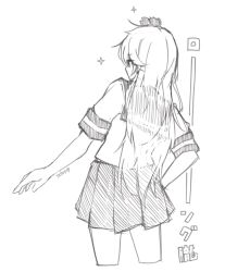 Rule 34 | 1girl, alternate hair length, alternate hairstyle, animal, animal on head, cowboy shot, crab, crab on head, from behind, greyscale, highres, kantai collection, long hair, monochrome, oboro (kancolle), on head, pleated skirt, sailor collar, sailor shirt, school uniform, serafuku, shirt, skirt, standing, tatahai