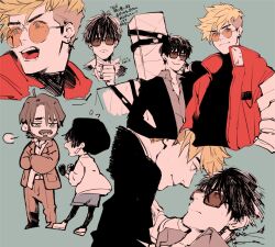 1girl 3boys ashinamaturi beard black_gloves black_hair black_jacket black_pants black_shirt black_suit blonde_hair brown_hair brown_jacket brown_pants brown_suit clenched_hands coat collared_shirt crossed_arms earrings facial_hair fingerless_gloves formal_clothes gloves grey_background grey_shirt hair_between_eyes highres jacket jewelry meryl_stryfe multiple_boys mustache nicholas_d._wolfwood open_mouth pants red_jacket roberto_de_niro round_eyewear shirt shouting single_earring stubble suit sunglasses trigun turtleneck undercut vash_the_stampede white_coat white_shirt yaoi