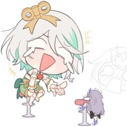 2girls ascot bar_stool blush cecilia_immergreen cecilia_immergreen_(1st_costume) chibi colored_inner_hair d: doll_joints dress full-face_blush gem green_dress green_hair hair_between_eyes hair_ornament happy_tears highres hololive hololive_english isarobn joints koseki_bijou koseki_bijou_(1st_costume) laughing motion_lines multicolored_hair multiple_girls o_o on_stool open_mouth pointing pointing_at_another purple_hair red_ascot short_hair simple_background sitting size_difference stool streaked_hair struggling tears two-tone_dress virtual_youtuber white_background white_dress white_hair winding_key