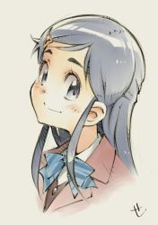 1girl blue_bow blue_eyes blue_hair blush bow brown_vest collared_shirt from_side futari_wa_precure grey_background hair_behind_ear hair_ornament hairclip head_tilt highres jacket parted_bangs pink_jacket precure sekihan shirt sidelocks smile solo vest white_shirt yukishiro_honoka