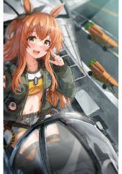 Rule 34 | 1girl, :d, animal ears, collarbone, dog tail, green jacket, highres, horse ears, horse girl, jacket, karo-chan, long hair, long sleeves, looking at viewer, mayano top gun (umamusume), midriff, military, missile, navel, open mouth, orange hair, orange legwear, sitting, smile, solo, striped clothes, striped legwear, striped thighhighs, tail, teeth, thighhighs, thighs, umamusume, upper teeth only