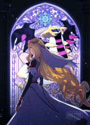 1girl blonde_hair breasts closed_mouth cynthia_(pokemon) cynthia_(sygna_suit)_(renegade)_(pokemon) dress gen_4_pokemon giratina giratina_(altered) grey_eyes hair_ornament hair_over_one_eye highres indoors legendary_pokemon long_hair long_sleeves looking_at_viewer nail_polish nintendo official_alternate_color official_alternate_costume pokemon pokemon_masters_ex sakaralalala solo very_long_hair window